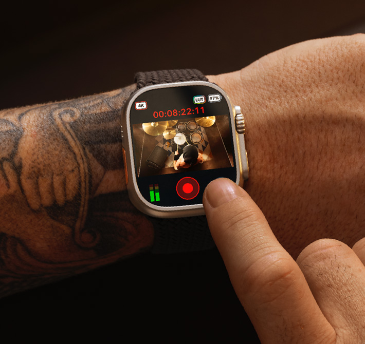 Blackmagic Camera Apple Watch controls showing an iPhone video recording interface.