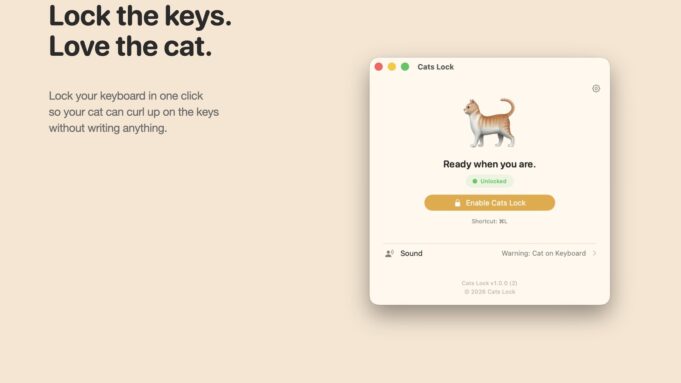 Cats Lock Is a Tiny Mac App Built for Keyboard-Walking Pets Cats Lock Mac app official screenshot showing a cat-proof keyboard lock utility