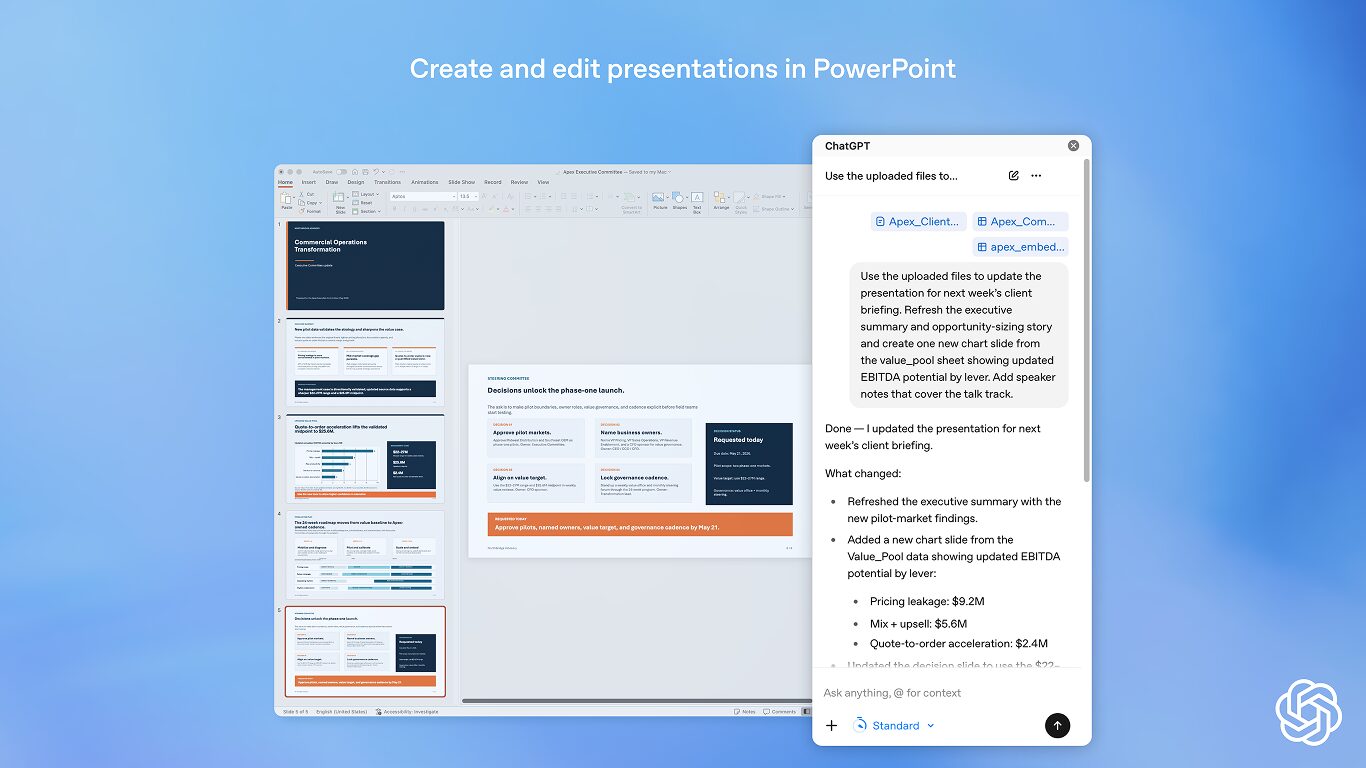 ChatGPT PowerPoint beta editing a presentation from uploaded files