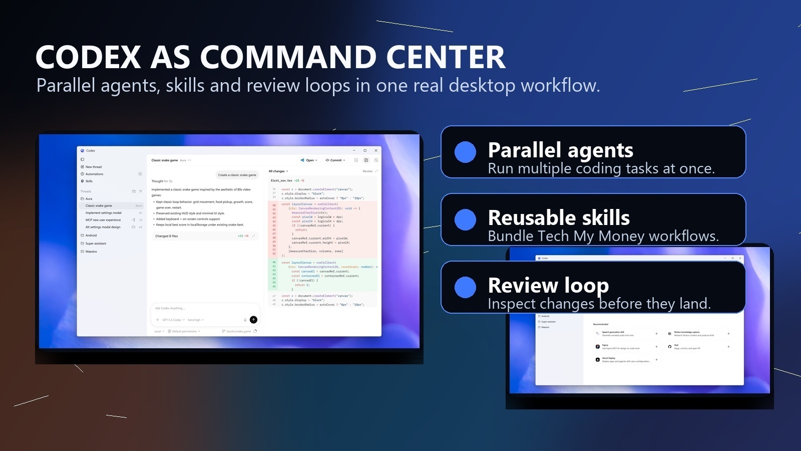 Codex review command center graphic showing parallel agents, reusable skills and review loops