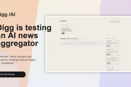 Digg AI news aggregator interface shown in a Tech My Money editorial graphic