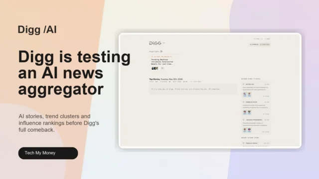 Digg AI news aggregator interface shown in a Tech My Money editorial graphic