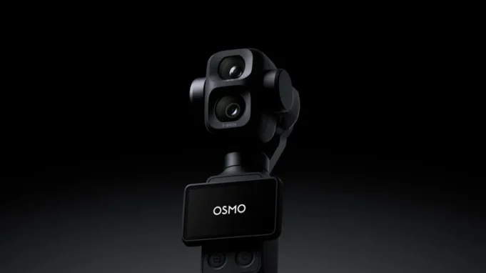 A DJI teaser render showing the Osmo Pocket 4P dual-camera gimbal