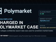Google Engineer Charged in Polymarket Case Tech My Money graphic showing the Polymarket logo for the Google insider trading case