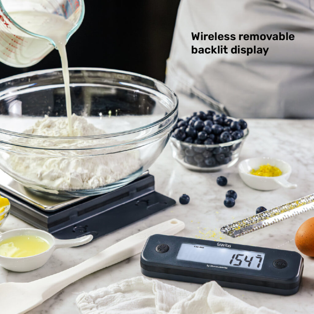 ThermoWorks Gravitas scale with wireless removable backlit display beside a mixing bowl