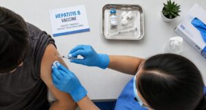 Health care worker administering a hepatitis B vaccine overhead shot