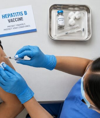 A Hepatitis B Drug Just Posted Rare Functional Cure Results Health care worker administering a hepatitis B vaccine overhead shot