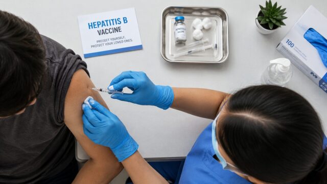 Hepatitis B vaccine editorial hero Health care worker administering a hepatitis B vaccine overhead shot