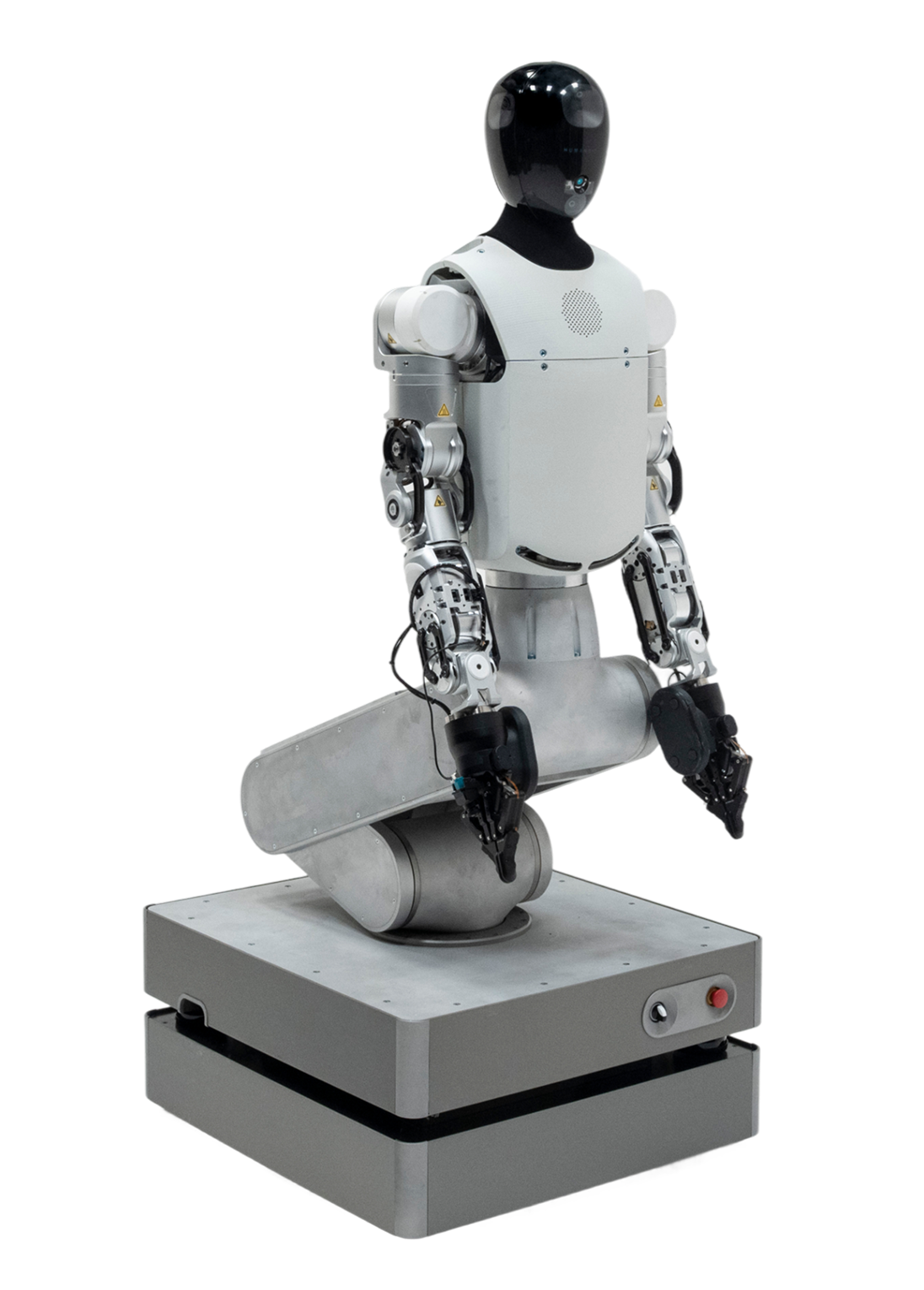 Humanoid HMND 01 Alpha wheeled robot with dual-arm gripper at a manufacturing facility