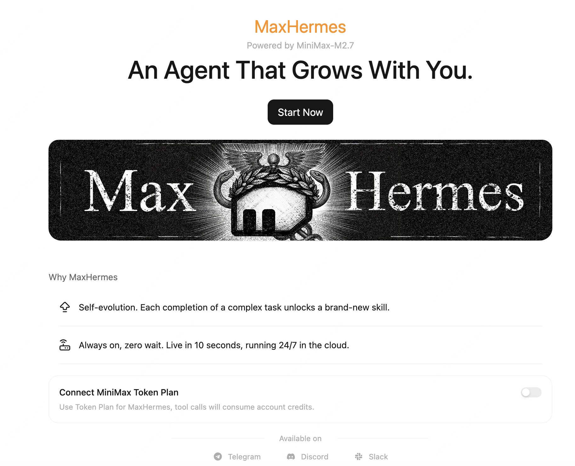 Minimax AI MaxHermes review showing the MaxHermes cloud agent product page