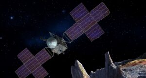 NASA Psyche Mars flyby mission artist concept showing the spacecraft near asteroid Psyche