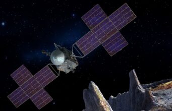 NASA Psyche Mars flyby mission artist concept showing the spacecraft near asteroid Psyche