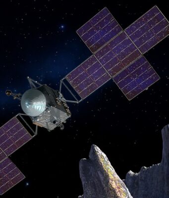 NASA Psyche Mars flyby mission artist concept showing the spacecraft near asteroid Psyche