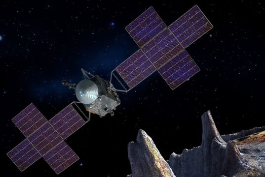 NASA Psyche Mars flyby mission artist concept showing the spacecraft near asteroid Psyche