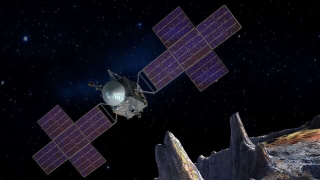 NASA Psyche Mars flyby mission artist concept showing the spacecraft near asteroid Psyche