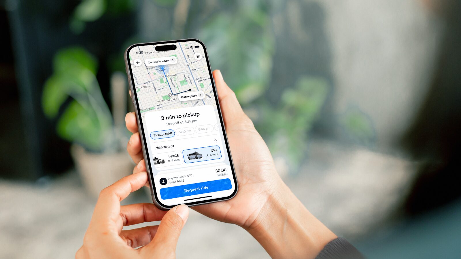 Waymo app screen showing Ojai as a vehicle option for a robotaxi ride