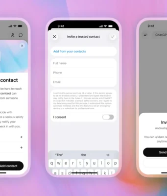 OpenAI screenshots showing ChatGPT Trusted Contact setup and invitation flow