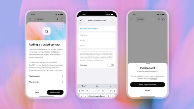 OpenAI screenshots showing ChatGPT Trusted Contact setup and invitation flow