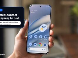 Pixel phone in hand with spoofed contact warning graphic
