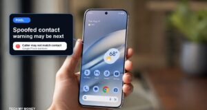 Pixel phone in hand with spoofed contact warning graphic