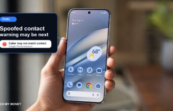 Pixel phone in hand with spoofed contact warning graphic