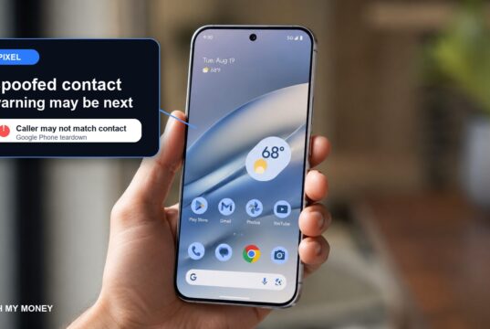 Pixel phone in hand with spoofed contact warning graphic