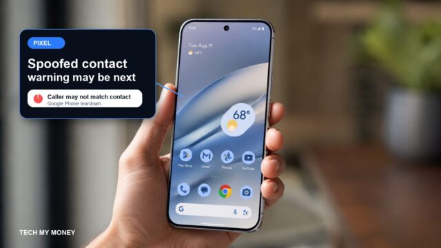 Pixel phone in hand with spoofed contact warning graphic