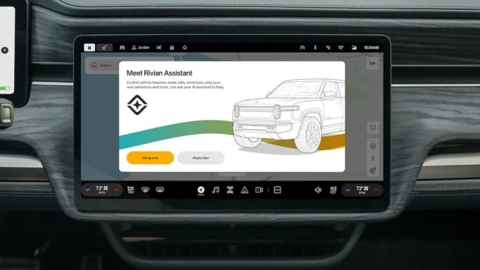 Rivian AI Voice Assistant Rolls Out With Connect+ Rivian AI voice assistant displayed on a Rivian infotainment screen