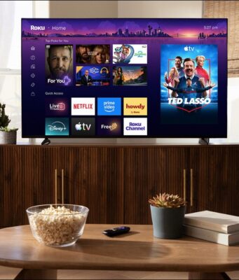 Roku UI Redesign: The new Roku TV home screen redesign displaying personalized recommendation rows.