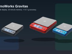 ThermoWorks Gravitas precision kitchen scale shown in red, charcoal, and blue color options