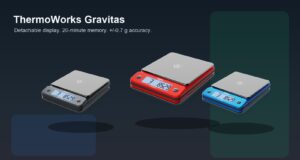 ThermoWorks Gravitas precision kitchen scale shown in red, charcoal, and blue color options