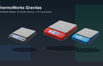 ThermoWorks Gravitas precision kitchen scale shown in red, charcoal, and blue color options