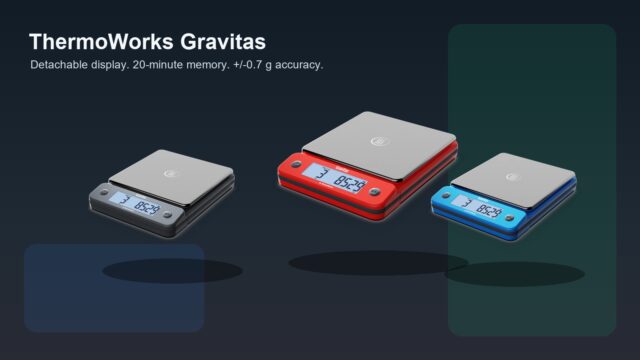 ThermoWorks Gravitas precision kitchen scale shown in red, charcoal, and blue color options