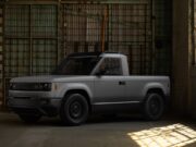 Slate Auto bare-bones electric pickup truck in matte grey