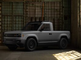 Slate Auto bare-bones electric pickup truck in matte grey