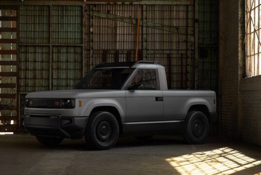 Slate Auto bare-bones electric pickup truck in matte grey