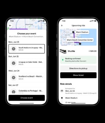 Uber World Cup Shuttles Will Give Fans Fixed-Price Rides From Four Stadiums Uber World Cup shuttles booking screens in the Uber app