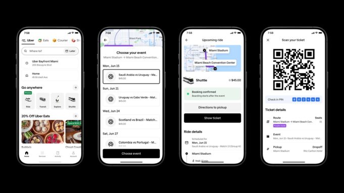 Uber World Cup Shuttles Will Give Fans Fixed-Price Rides From Four Stadiums Uber World Cup shuttles booking screens in the Uber app