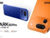 TECNO SPARK 50 Pro official launch image showing blue and orange phones with battery, durability, and camera highlights.