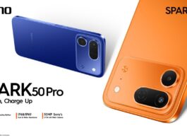 TECNO SPARK 50 Pro official launch image showing blue and orange phones with battery, durability, and camera highlights.