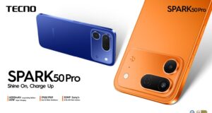 TECNO SPARK 50 Pro official launch image showing blue and orange phones with battery, durability, and camera highlights.