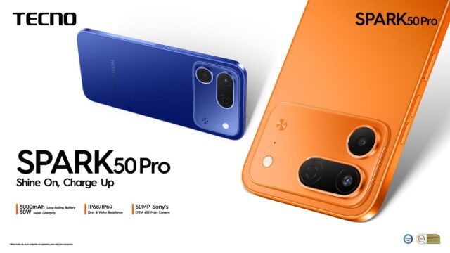 TECNO SPARK 50 Pro official launch image TECNO SPARK 50 Pro official launch image showing blue and orange phones with battery, durability, and camera highlights.