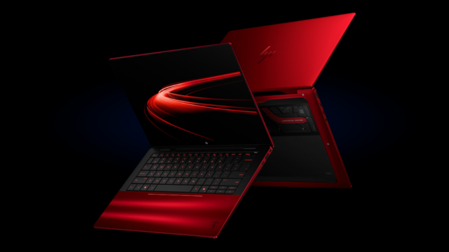 HP Ferrari AI PC red limited-edition laptop on a black background