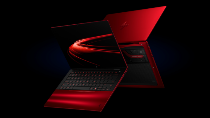 HP Ferrari AI PC red limited-edition laptop on a black background