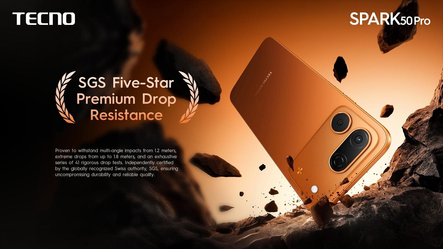 TECNO SPARK 50 Pro durability press image highlighting SGS Five-Star Premium Drop Resistance.