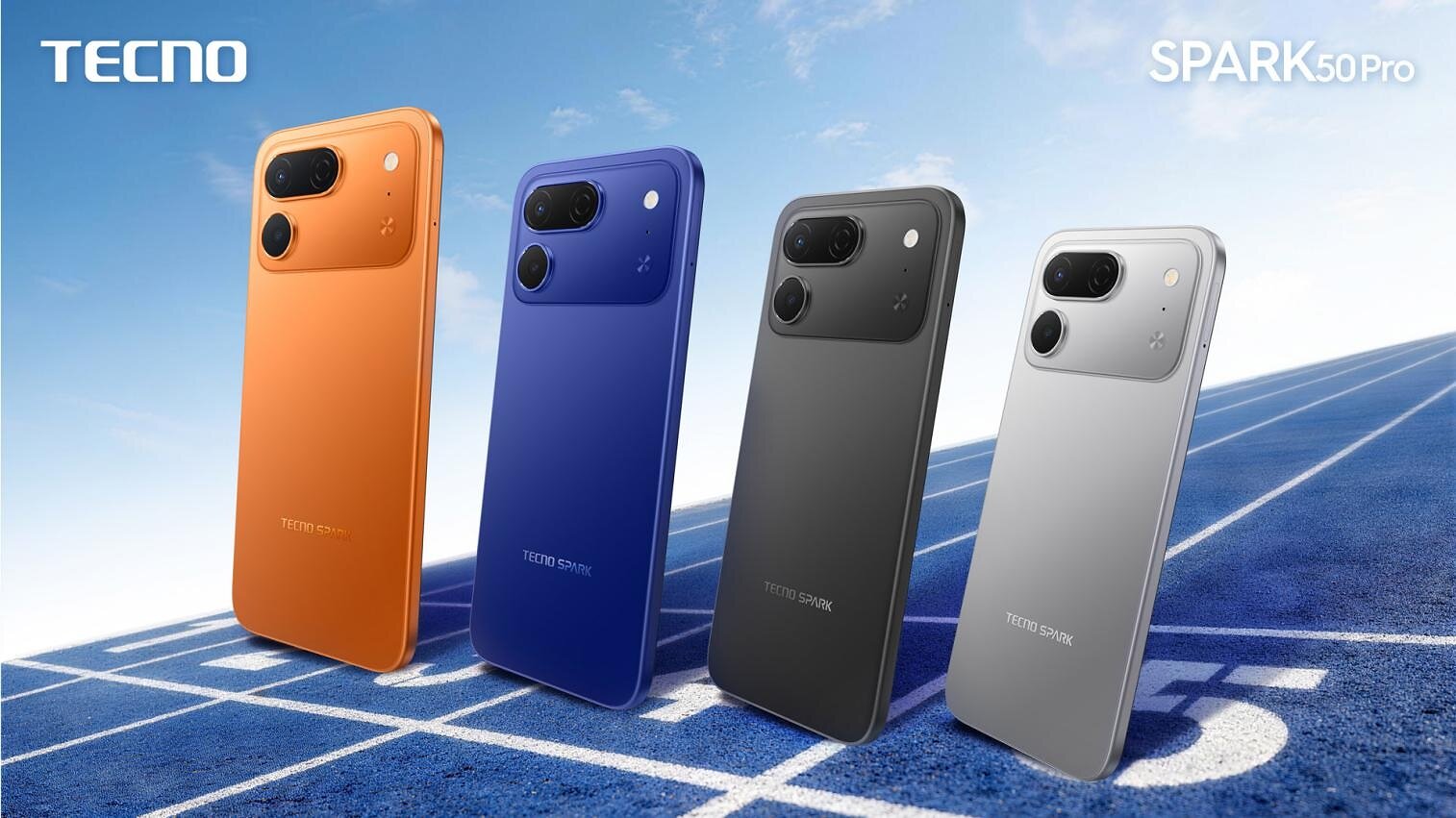 TECNO SPARK 50 Pro phones shown in multiple colors on a track background.