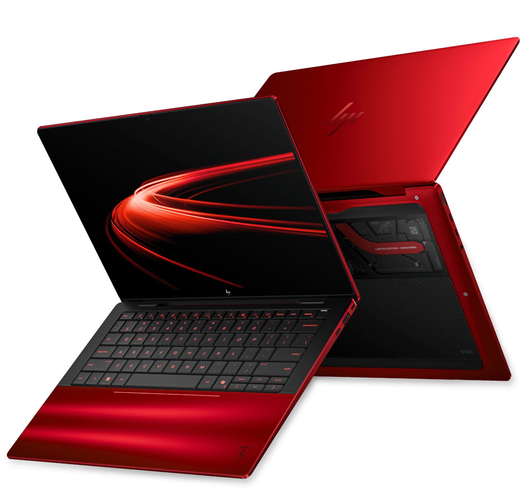 HP Ferrari AI PC open laptop and glass-backed chassis official render