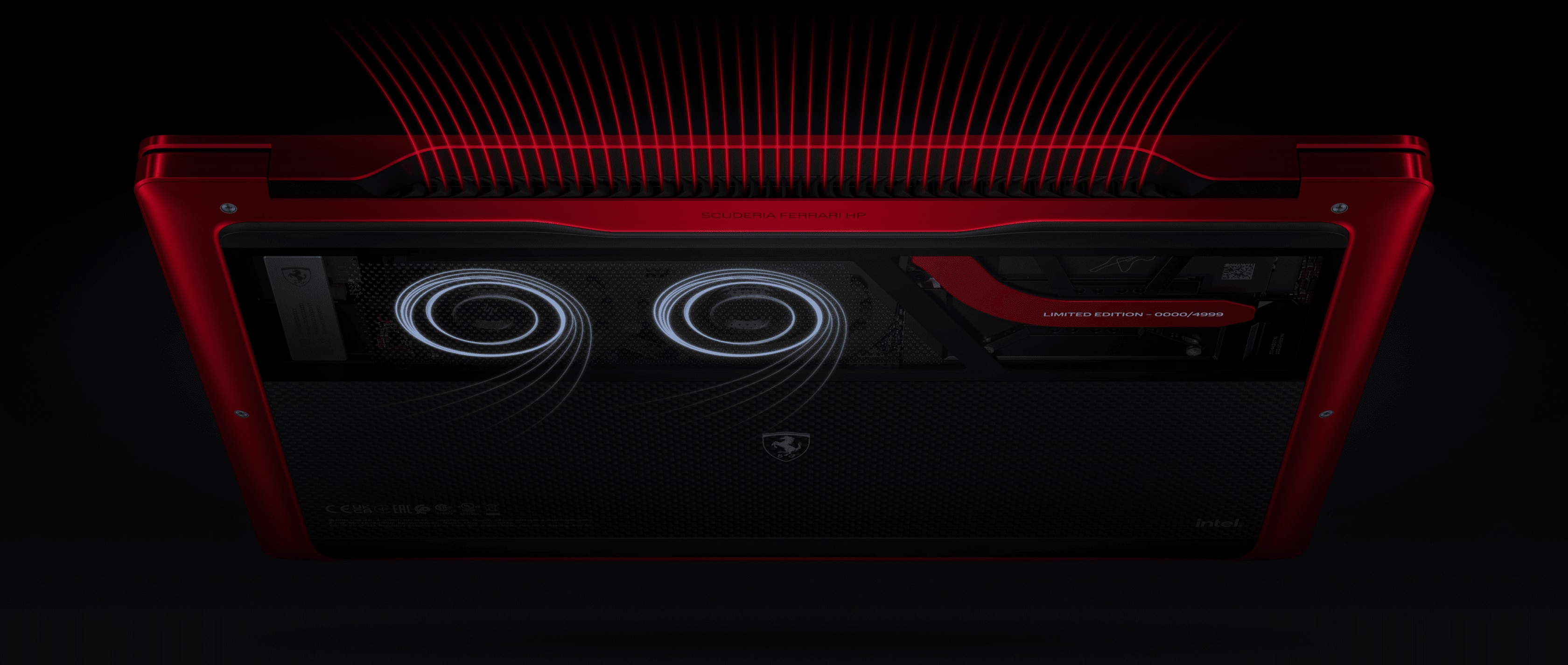 HP Ferrari AI PC glass back showing visible cooling architecture