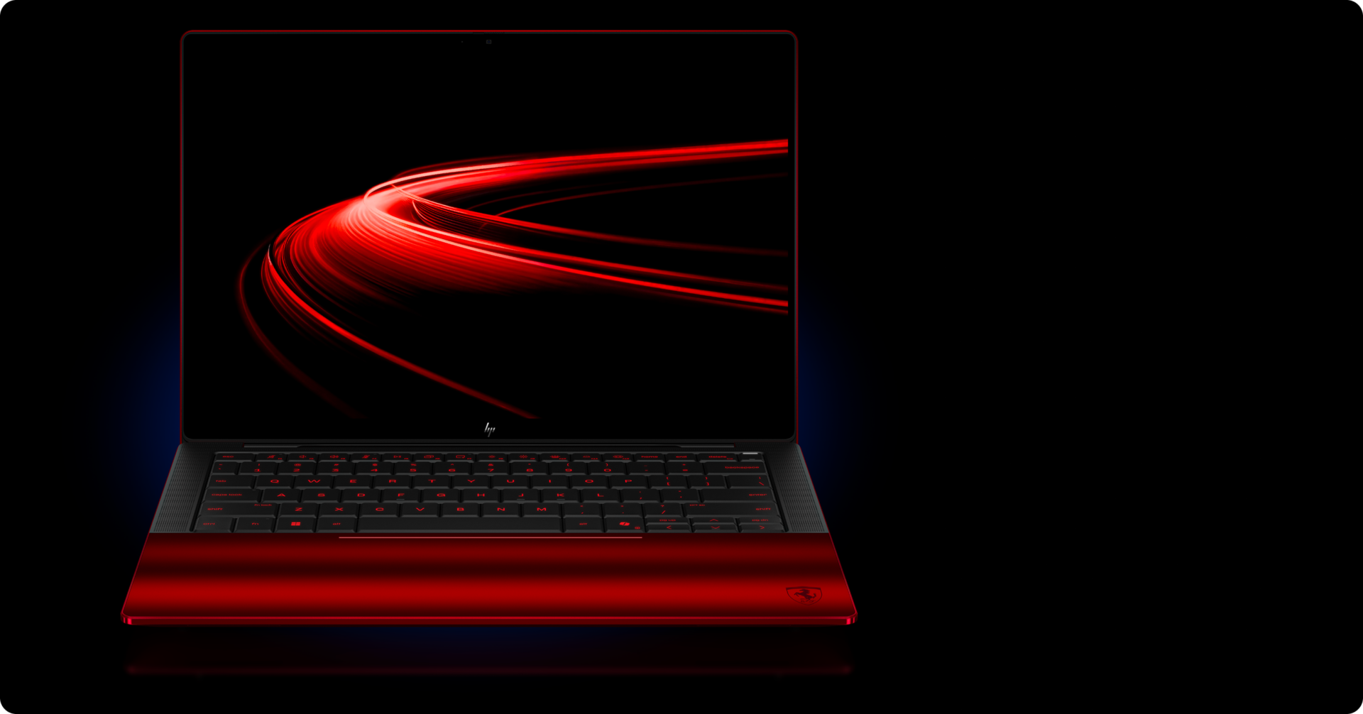HP Ferrari AI PC front view with red light wallpaper on display
