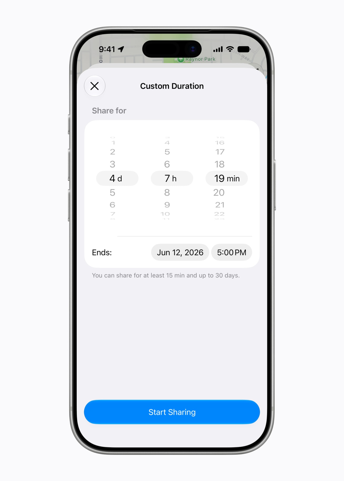 iOS 27 Find My custom duration location sharing controls.